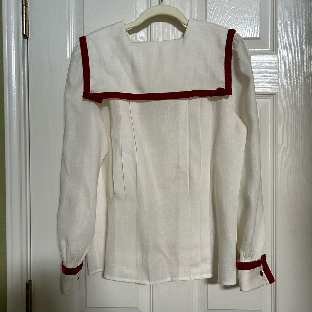 Herman Geist White with Red Velvet Trim Linen Blouse